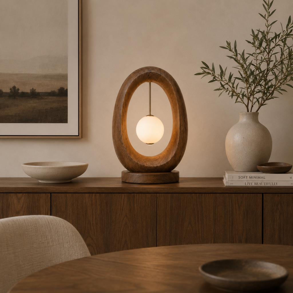 Oval Wooden Table Lamp with Hanging Moon Globe – Sculptural Ambient Wood Light