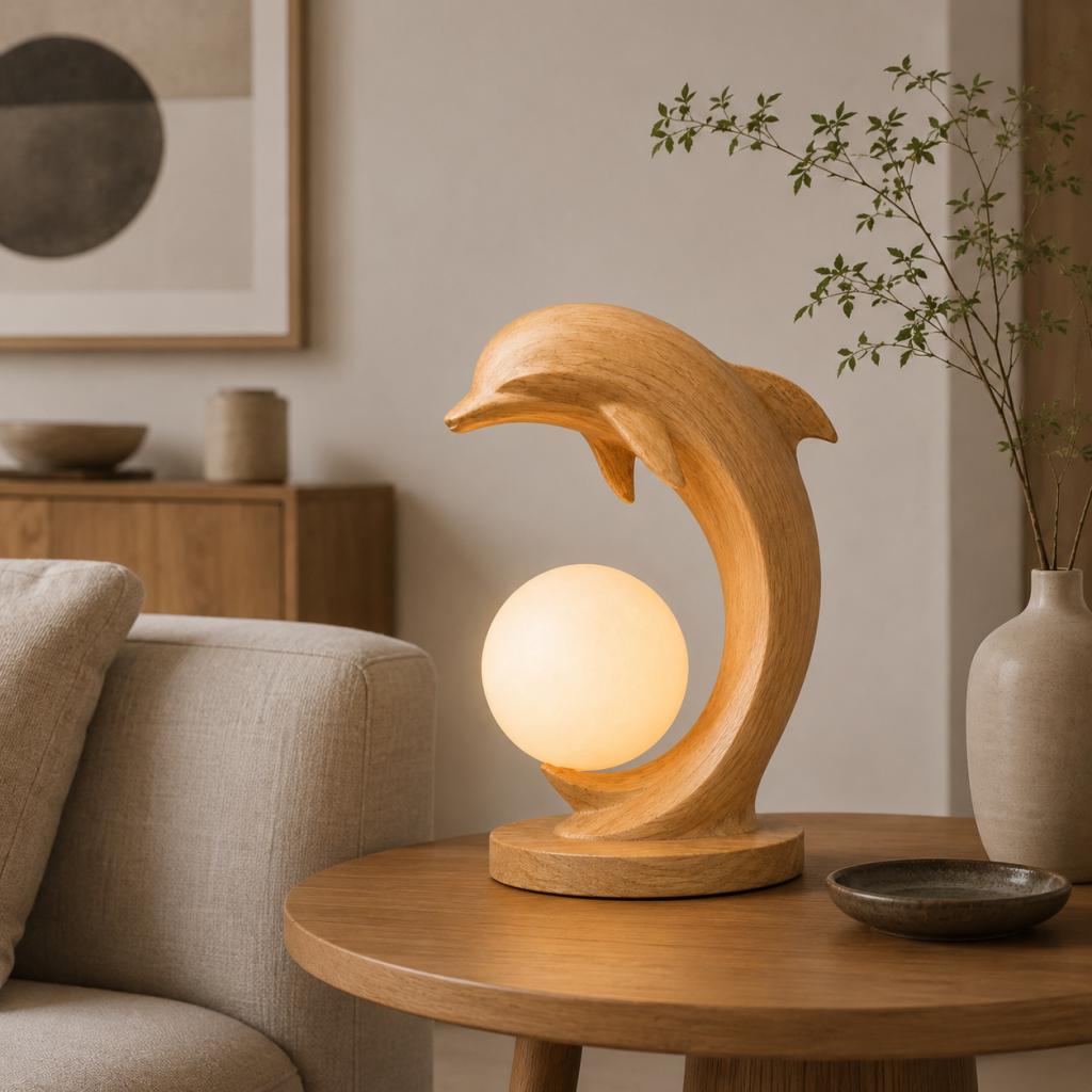 Dolphin Wooden Table Lamp – Sculptural Moon Globe Ambient Light