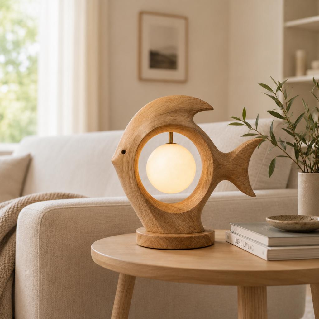 Fish-Shaped Wooden Table Lamp with Hanging Globe – Sculptural Ambient Light
