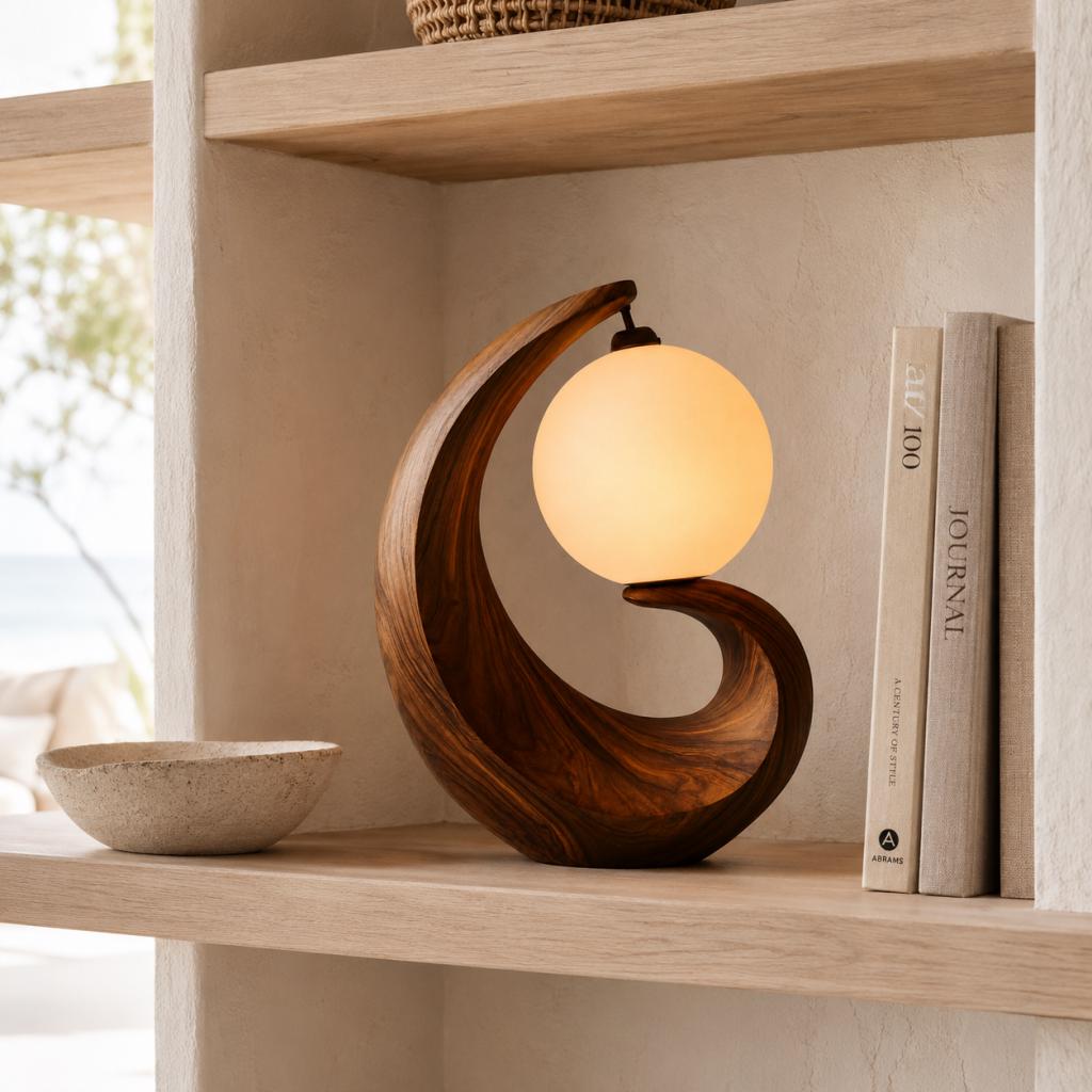 Crescent Wooden Table Lamp with Hanging Moon Globe – Sculptural Ambient Wood Light