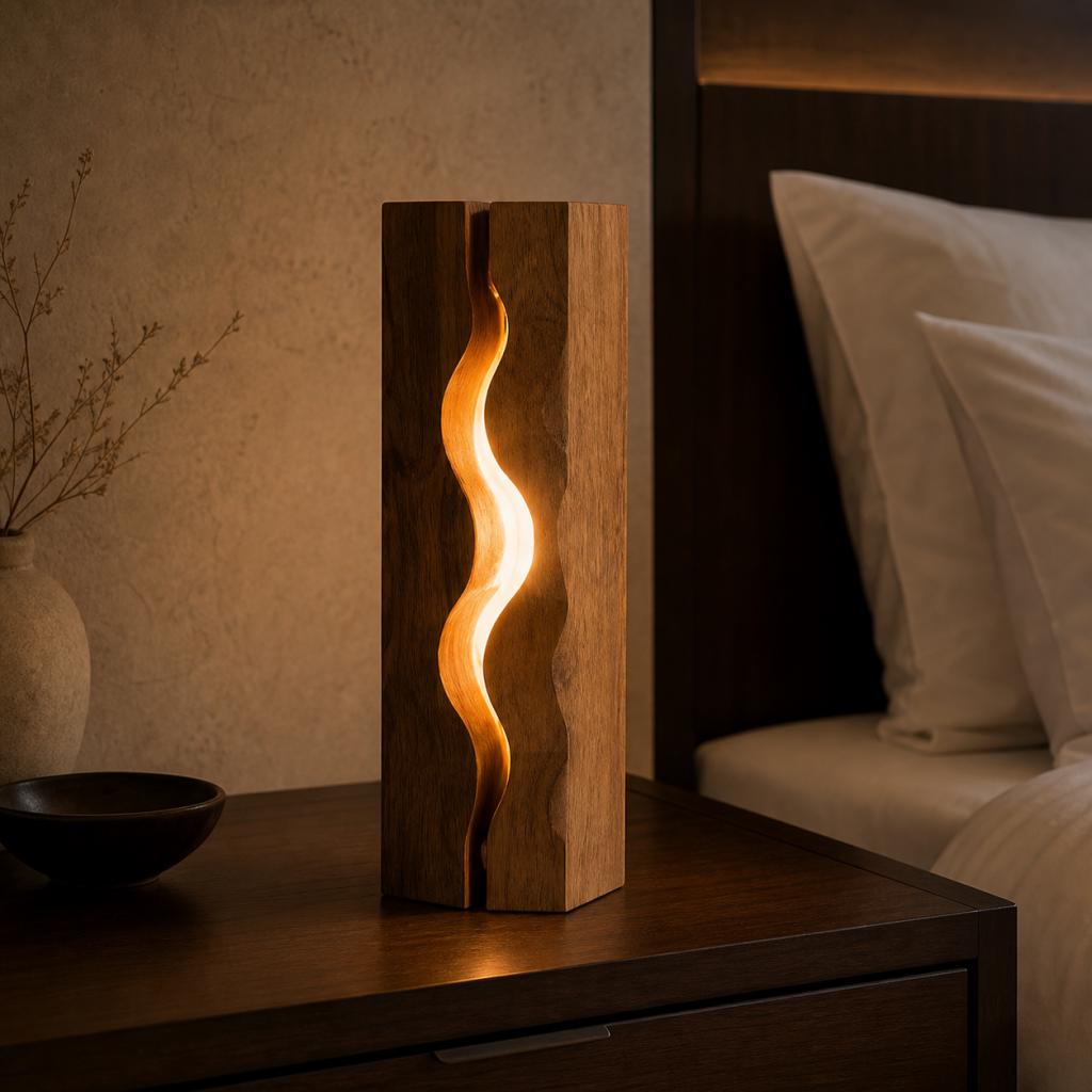 Rectangular Wooden Table Lamp with S-Curve LED Light – Sculptural Ambient Wood Lamp