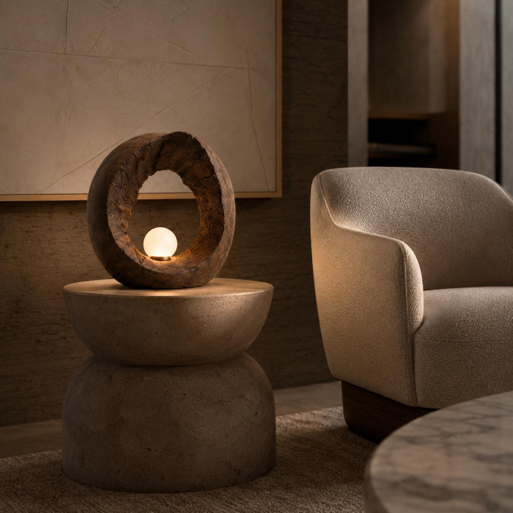 Hollow Organic Wooden Table Lamp – Sculptural Ambient Globe Light