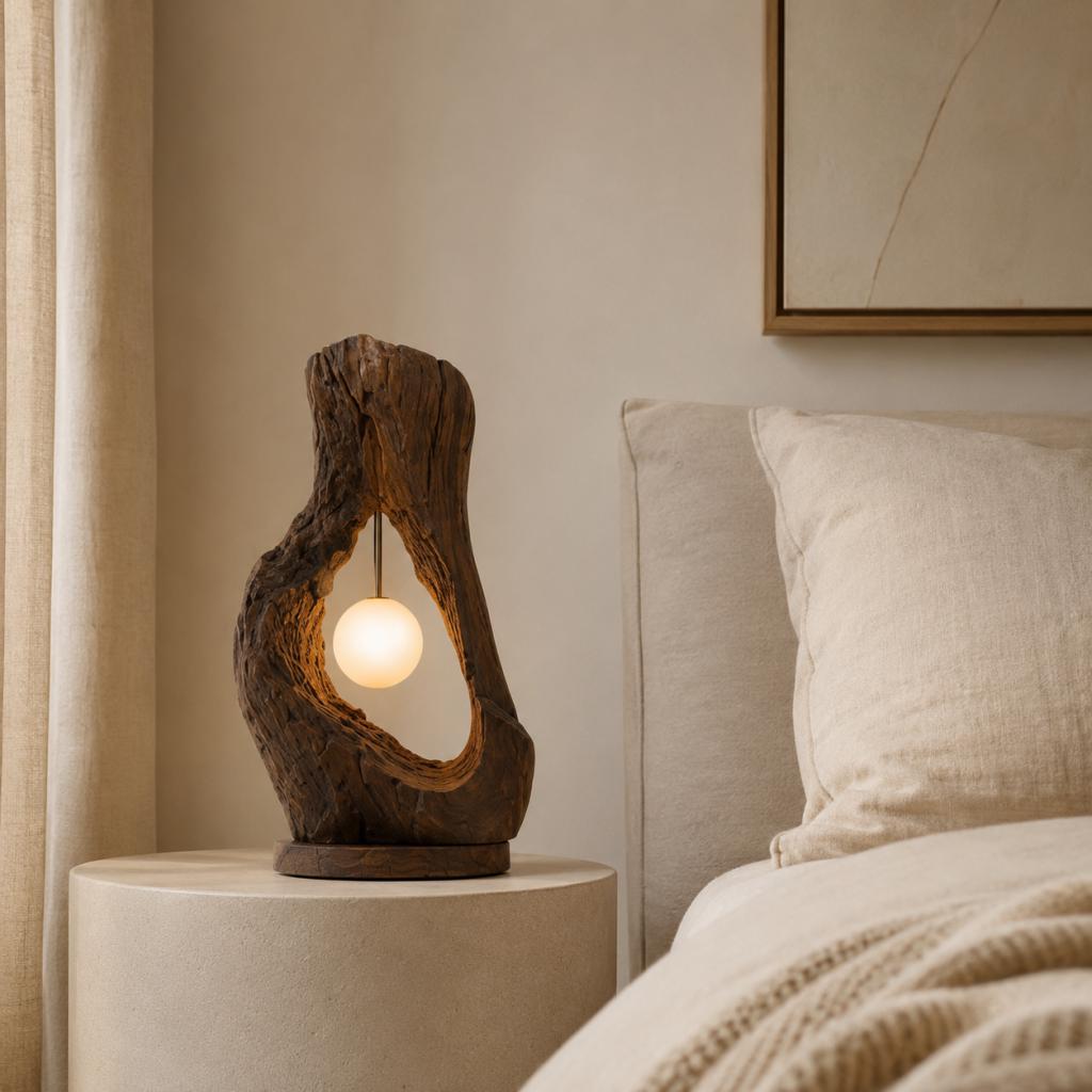 Organic Wood Table Lamp with Hanging Globe – Sculptural Ambient Light