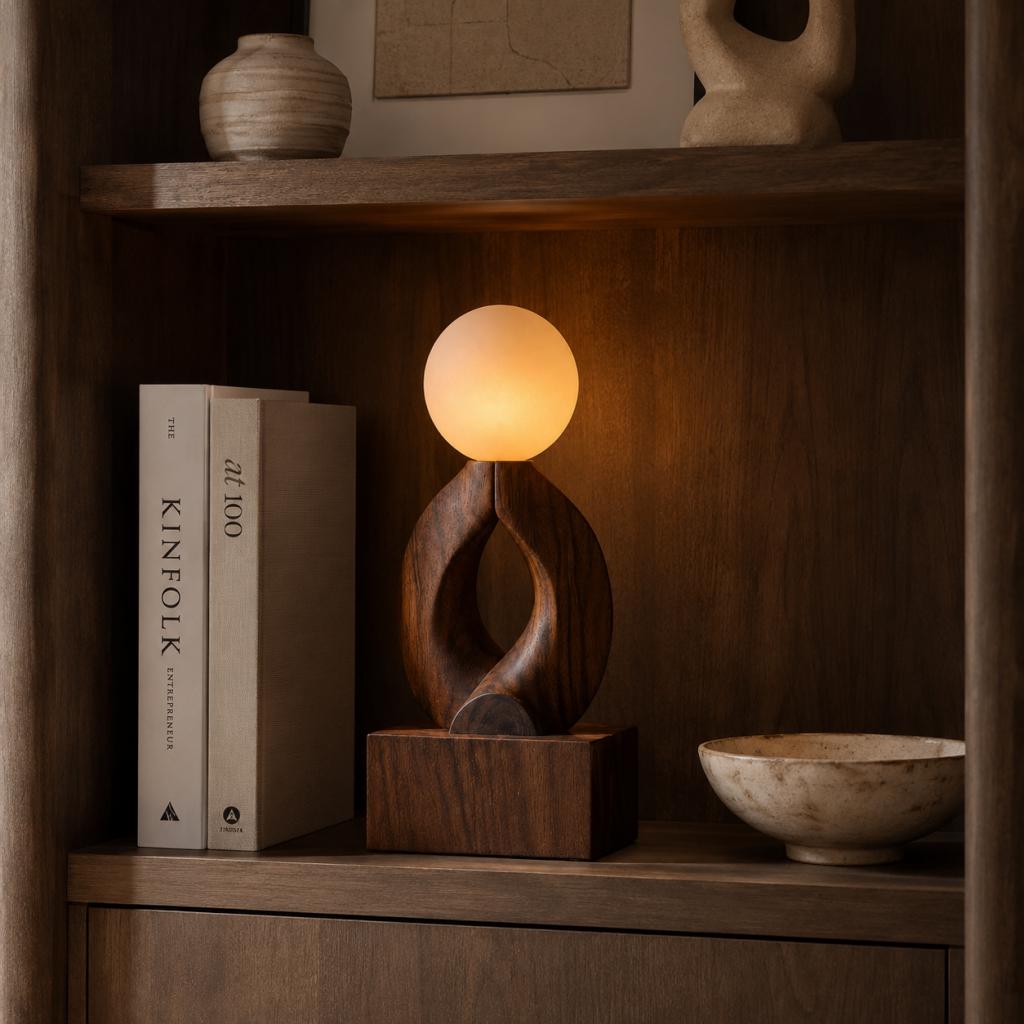 Abstract Leaf Wooden Table Lamp with Moon Globe Light – Sculptural Ambient Wood Lamp