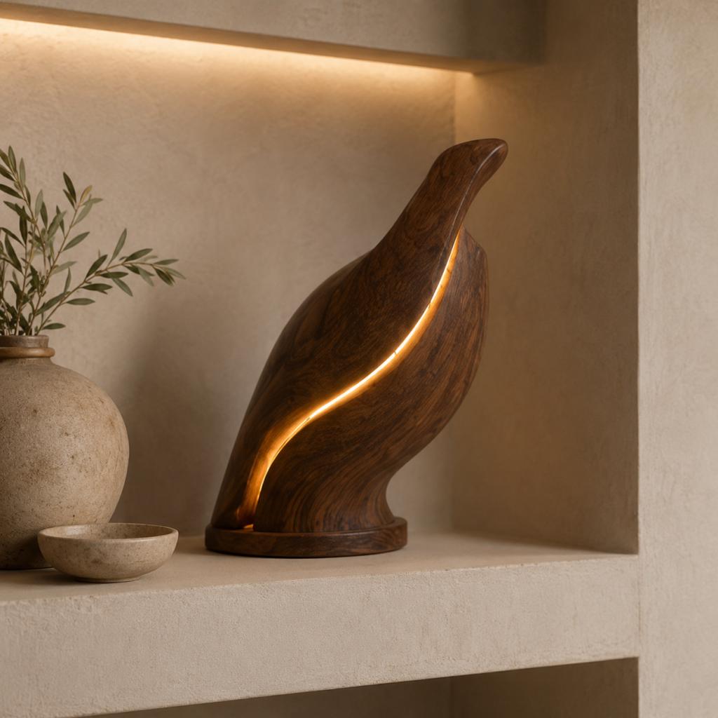 Sculptural Wooden Bird Table Lamp – Ambient Moon Light Design