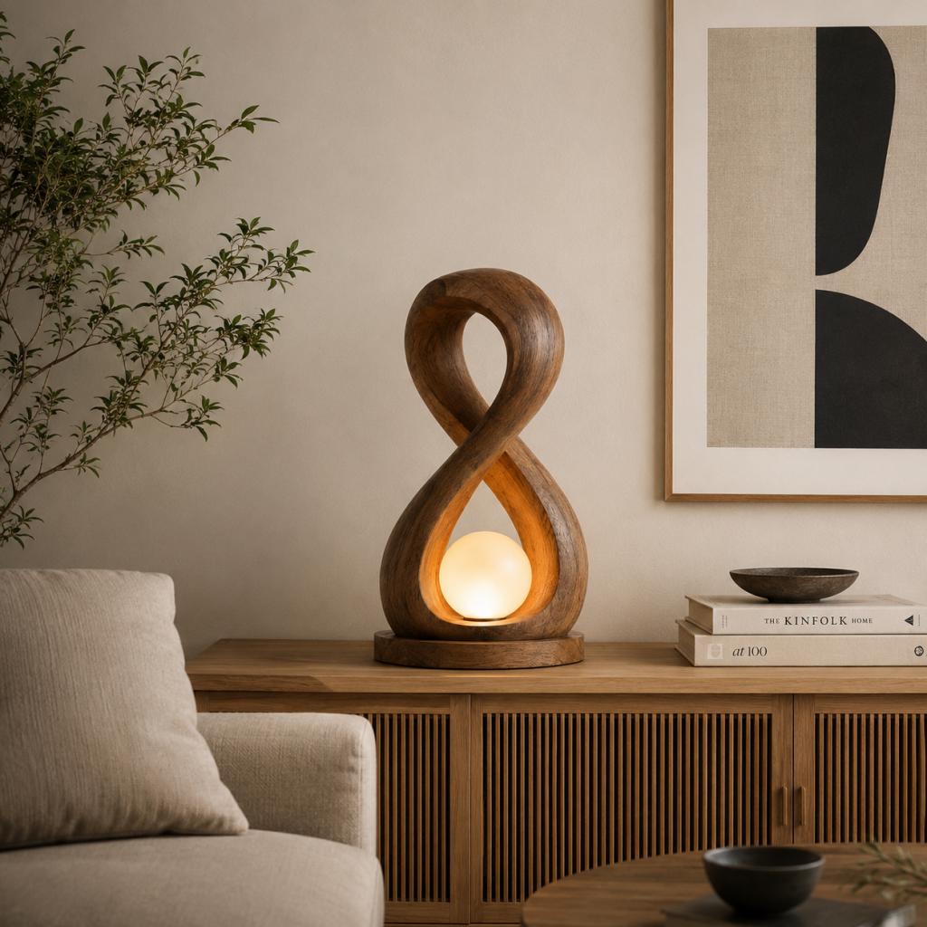 Infinity Loop Wooden Table Lamp – Sculptural Wood Moon Globe Light
