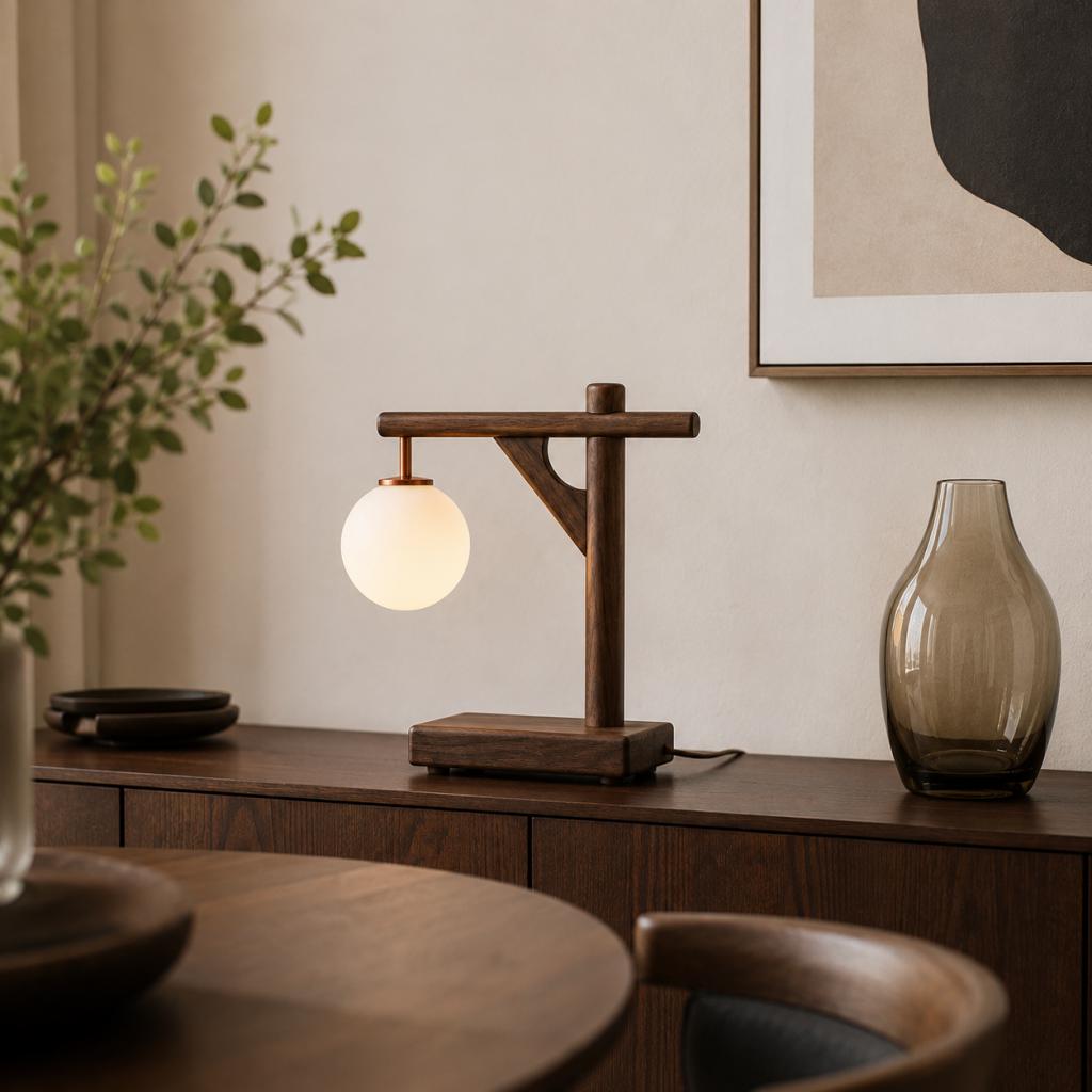 Wooden T-Frame Table Lamp with Hanging Moon Globe – Sculptural Ambient Desk Light