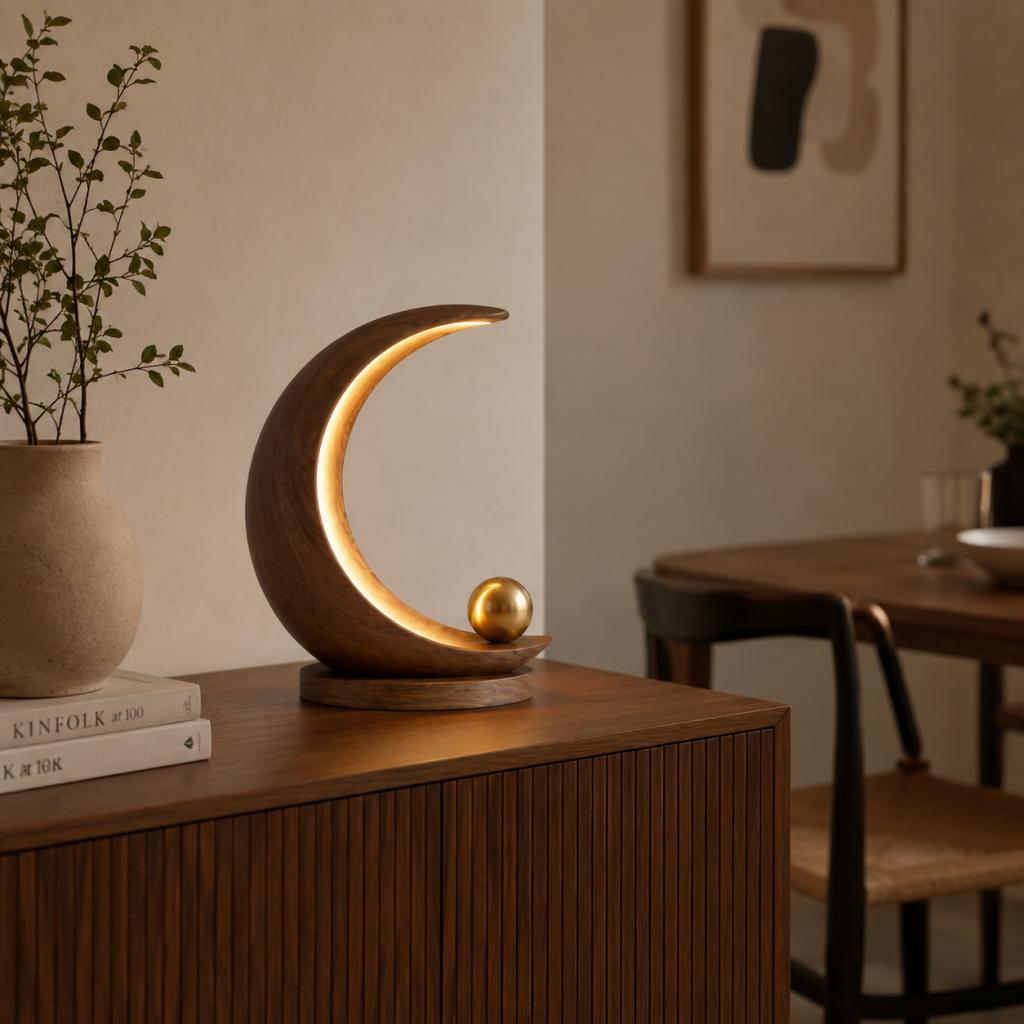 Crescent Moon Wooden Table Lamp – Sculptural LED Ambient Light with Gold Accent