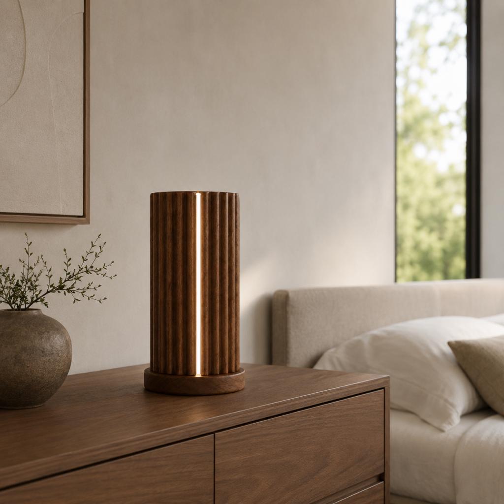 Fluted Cylinder Wooden Table Lamp – Vertical LED Ambient Wood Light