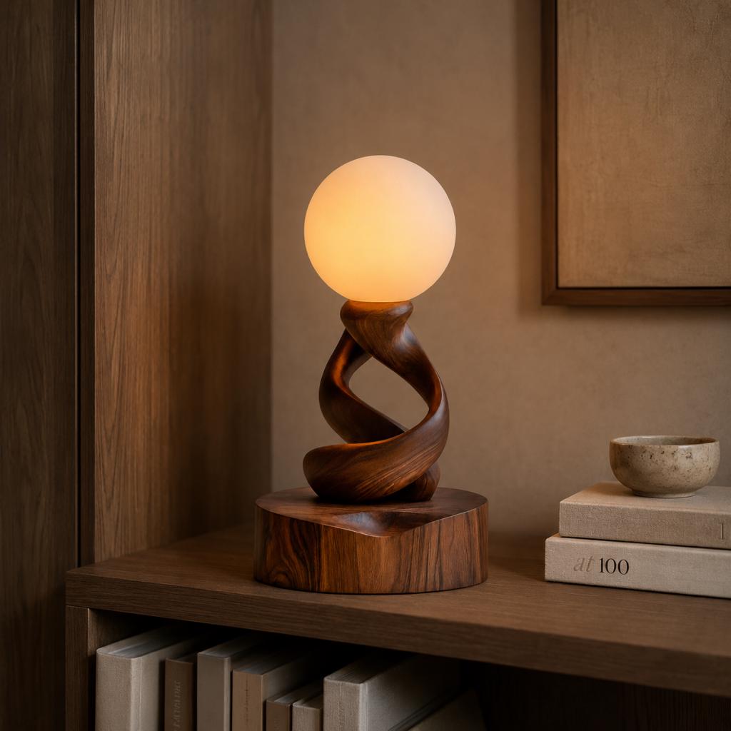 Twist Wooden Table Lamp with Moon Globe Light – Sculptural Ambient Desk Lamp