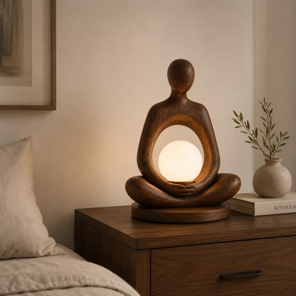 Meditation Figure Wooden Table Lamp – Sculptural Moon Globe Ambient Light