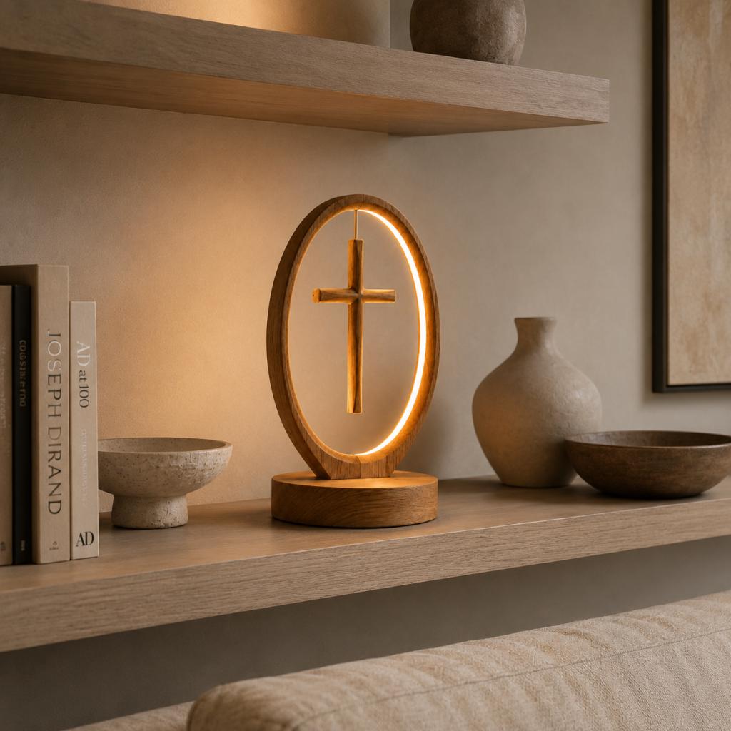 Oval Wooden Table Lamp with Hanging Cross – Sculptural LED Ambient Light