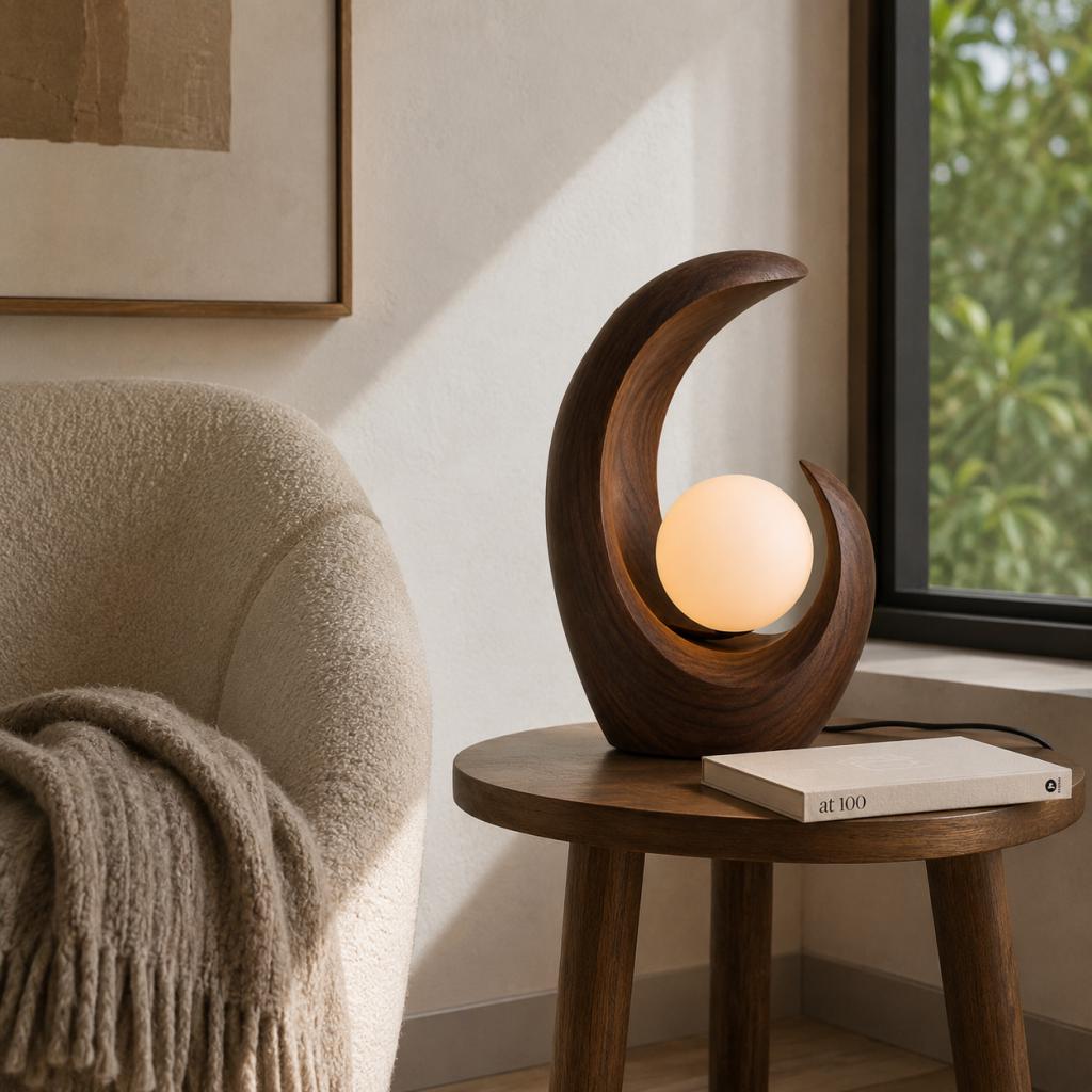 Curved Wooden Table Lamp with Moon Globe Light – Sculptural Ambient Desk Lamp