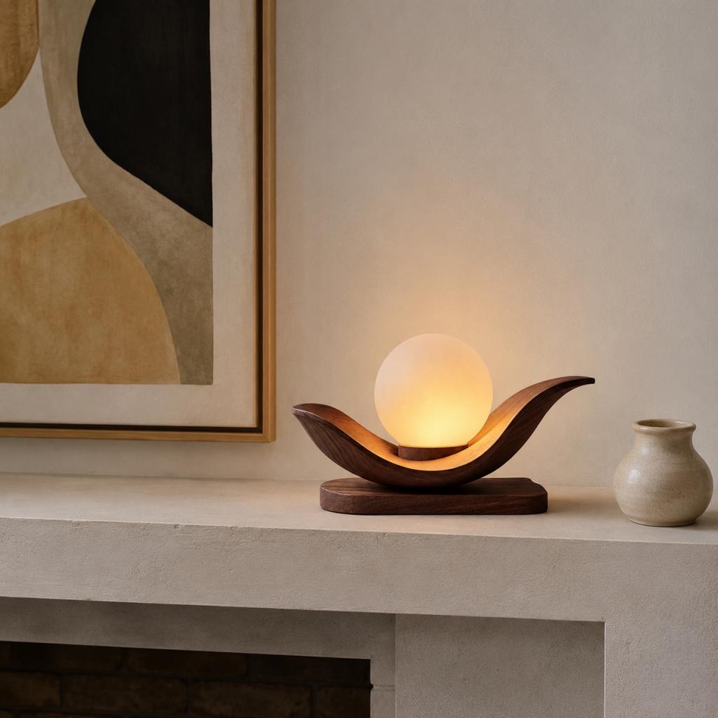 Wave Wooden Table Lamp with Moon Globe Light – Sculptural Ambient Wood Lamp