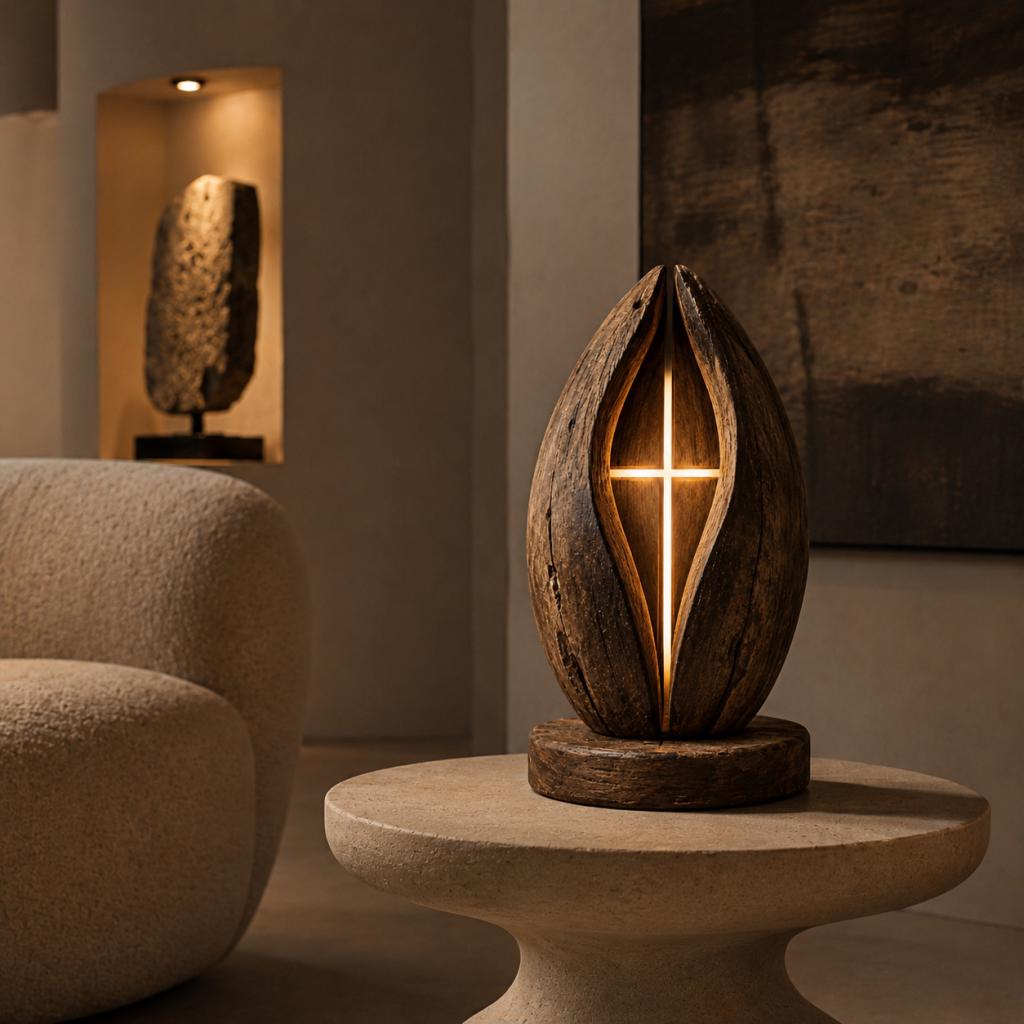 Seed Pod Wooden Table Lamp with Cross LED Light – Sculptural Ambient Wood Lamp