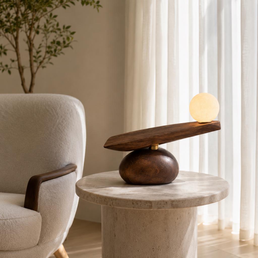 Balance Beam Wooden Table Lamp – Sculptural Moon Globe Ambient Light