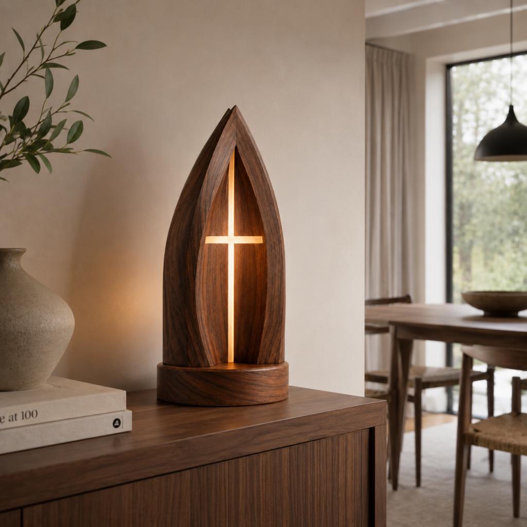 Teardrop Wooden Table Lamp with Cross LED Light – Sculptural Ambient Wood Lamp