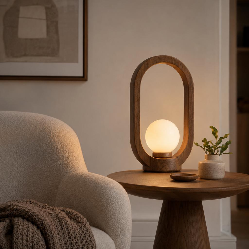 Oval Wooden Table Lamp with Moon Globe Light – Sculptural Ambient Desk Lamp